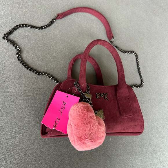 Betsey Johnson Handbags - Betsey Johnson XOXO Faux Suede Mini Satchel with Heart Pom Charm